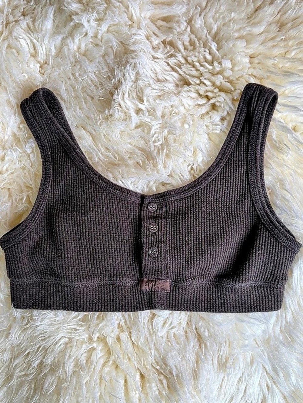 SKIMS Brown Waffle Knit Henley Bralette Crop Top Size L